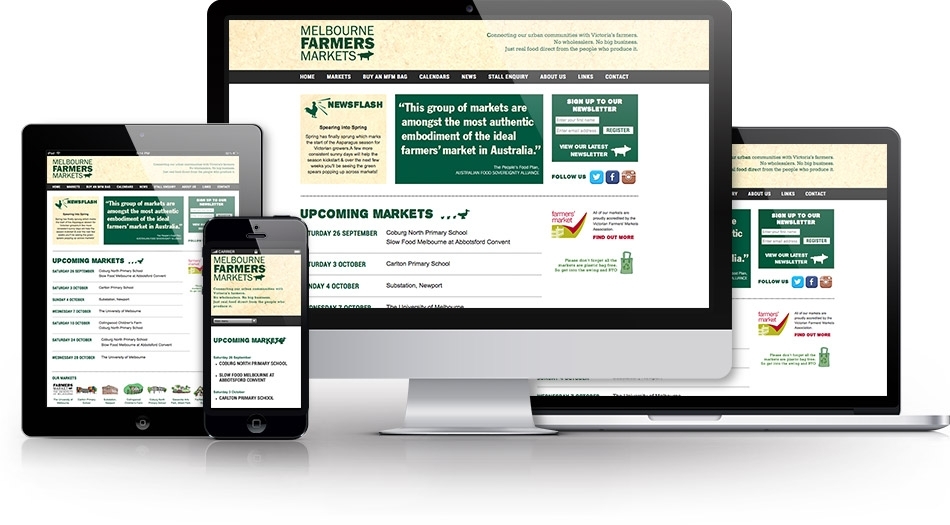 Melbourne Farmers Markets website Photo of the website on desktop, tablet and mobile