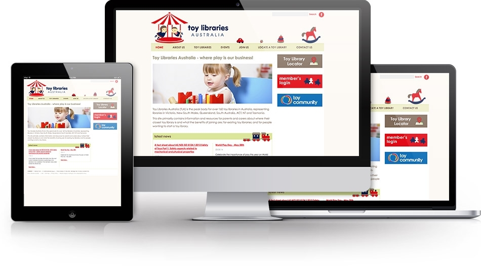 Toy Libraries Australia website Photo of the website on desktop, tablet and mobile